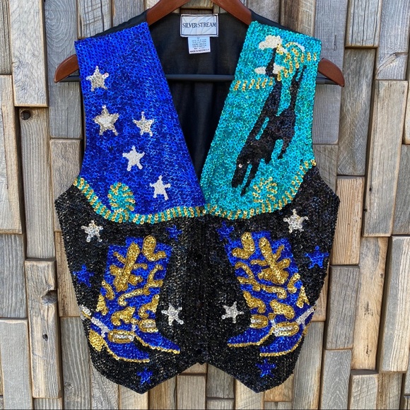 silver stream Tops - Vintage cowboy sequin vest rodeo western medium